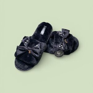 Black Fuzzy Slippers with Bow